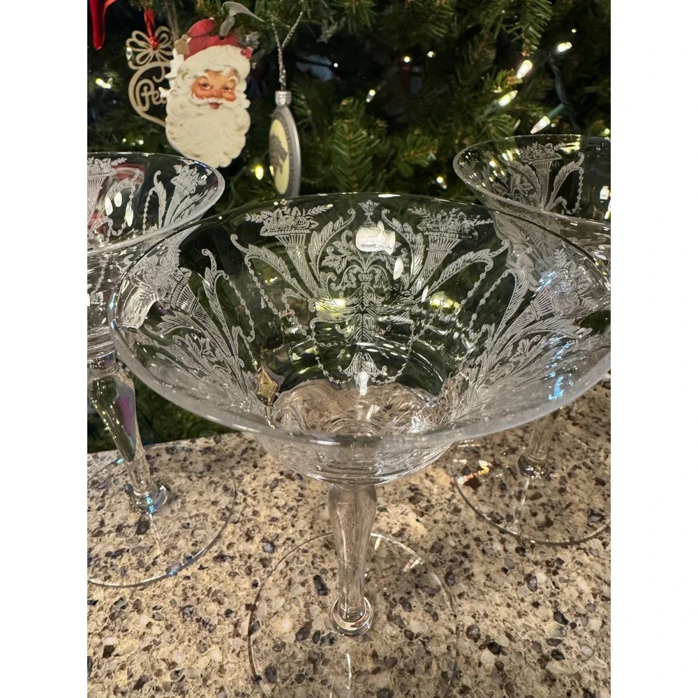 Mid Century Morgantown Milan 7668 Etched Champagne Glasses Tall Sherbet Set of 3